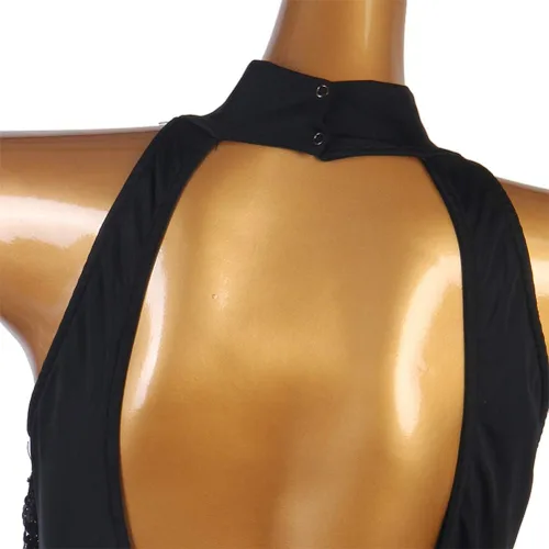 Vista 7 de Vestidos de baile latino con flecos para mujer, disfraces de competencia de cha cha, vestido de baile de baile, traje de baile de tango, negro, S