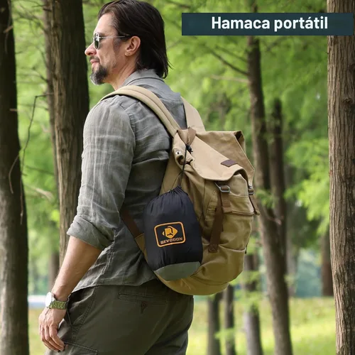 Vista 6 de Qevooon Hamaca de camping con red, hamacas ligeras portátiles de viaje con correas para árboles y mosquetones sólidos en forma de D, hamaca de Negro