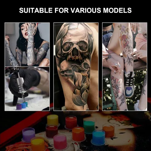 Vista 8 de 1 portavasos, 7 agujeros, tinta de tatuaje, resina dura de calavera y 100 tapas de tinta grandes #15, soporte de tinta para tatuaje, artista