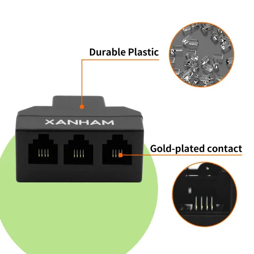 Vista 2 de Cable RJ11 Divisor de 3 vías, conector 6P4C, adaptador de cable de línea telefónica con cable de 3 pulgadas para cable de teléfono fijo, negro