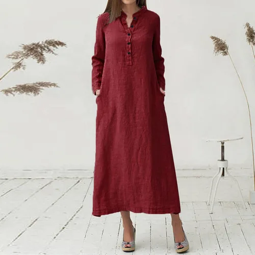 Vista 48 de Vestido de manga larga para mujer, casual, de algodón, lino, con botones, maxivestidos tipo caftán, blanco y azul