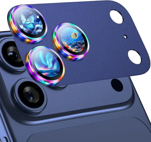 Vista 19 de Uyiton Protector de lente de cámara para iPhone 17 Pro - [Tipografía única + lente de teléfono diseño de círculo rojo] Cubierta de cámara de vidrio