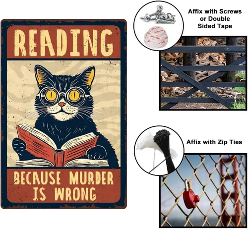 Vista 4 de 1 letrero de metal vintage de 8 x 12 pulgadas con diseño de gato retro con texto en inglés "Reading Because Murder is Wrong", póster