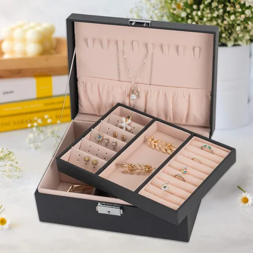 Vista 6 de Joyero de terciopelo de viaje con espejo, mini estuche de regalo para mujeres y niñas, pequeñas cajas organizadoras portátiles para anillos, aretes
