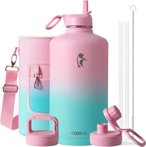 Vista 77 de Coolflask Botella de agua de 20 onzas aislada con pajilla, 3 tapas de metal de acero inoxidable, botella de agua de boca ancha para deportes u