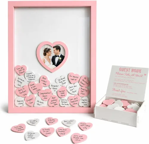Vista 12 de Libro de invitados de boda azul alternativo para recepción con corazones de madera, un marco, decoración de libros, recuerdos para boda, ideas