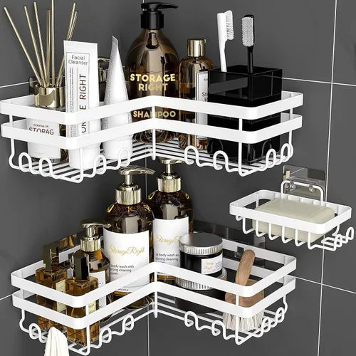 Vista 9 de StorageRight Organizador de ducha de esquina, paquete de 3 accesorios de baño adhesivos con soporte para jabón, estante organizador de ducha
