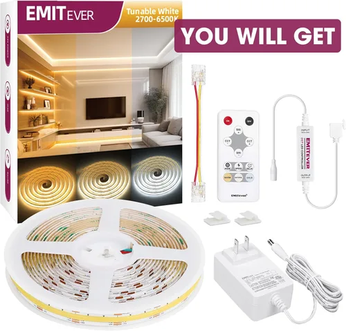 Vista 9 de EMITEVER COB Tira de luz LED sintonizable blanca 2700K-6500K, kit de cinta LED CCT regulable de 24 V de 16.4 pies, alta densidad 3200 LED CRI90+