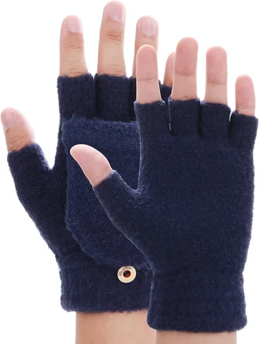 Vista 2 de THINP Guantes sin dedos para mujeres y hombres, guantes de invierno, guantes de lana cálida de punto sin dedos con tapa, guantes convertibles