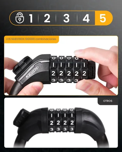 Vista 6 de KEYSTP Cable de bloqueo de bicicleta de 5 dígitos, cerradura de bicicleta de combinación reajustable resistente, antirrobo con soporte de montaje