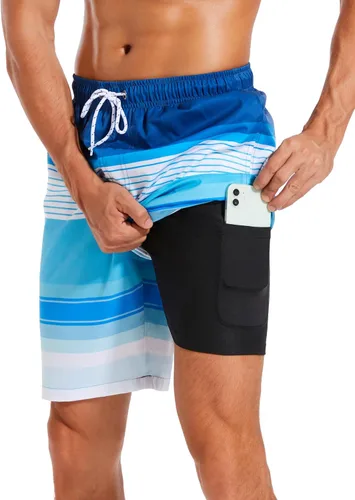 Vista 31 de Difficort - Traje de baño para hombre con forro de compresión, pantalones cortos de secado rápido con bolsillos con cremallera 1-a/ Rayas negras