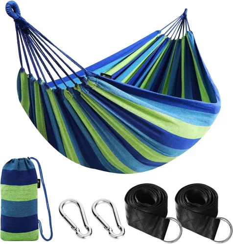 Vista 17 de Anyoo - Hamaca de algodón para jardín, con correas para colgar, hasta 660 libras, hamaca portátil con bolsa de viaje, perfecta para acampar al aire