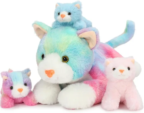 Vista 7 de Muiteiur Triceratops - Animal de peluche gigante de dinosaurio para mamá con 3 bebés pequeños, juguete de dinosaurio de felpa suave verde, regalo