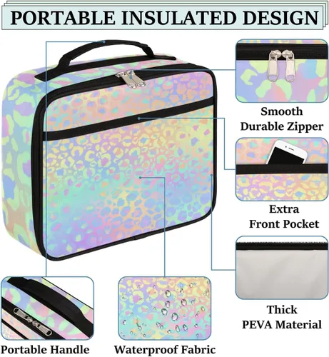 Vista 3 de Lonchera con estampado de leopardo para niños, con estampado de leopardo, bolsa de almuerzo aislada para niños y niñas, reutilizable, contenedor