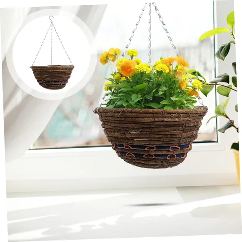 Vista 4 de Willow - Cesta de flores colgante tejida de 12 pulgadas, redonda de ratán natural con cadenas de metal para montaje en pared y techo, almacenamiento