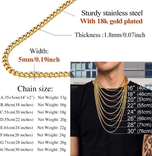 Vista 5 de FindChic - Cadena de eslabones para hombre, chapado en oro de 18 quilates, acero inoxidable, negro, collar para hombres y niños, 14 a 30pulgadas, 8