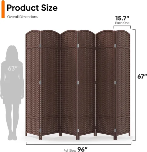 Vista 2 de 6 Panel Woven Room Divider, 69" Folding Privacy Screen, Brown Marrón