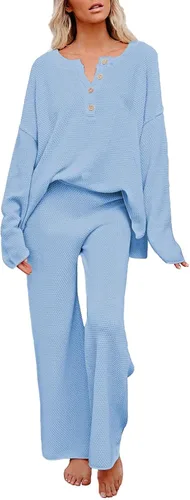 Vista 15 de Viottiset Conjunto de 2 piezas para mujer, sudadera de punto de manga larga, pantalones de pierna ancha, ropa de descanso Beige