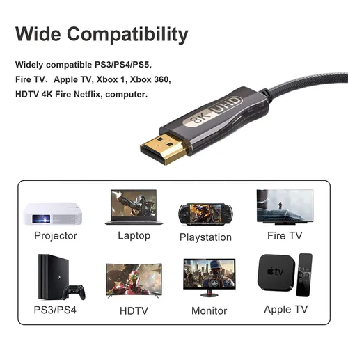 Vista 3 de dyplay Cable HDMI 8K 2.1 48Gbps 50 pies, cable HDMI de fibra óptica de ultra alta velocidad para HDR ARC y VRR y ALLM, QTF y QMS, 8K @120Hz/60Hz, 4K