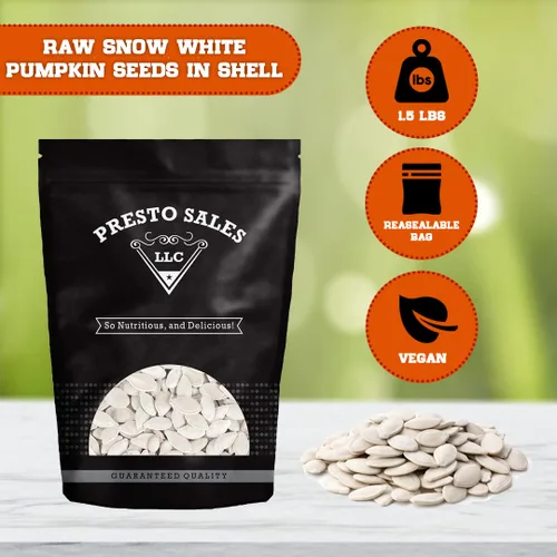 Vista 2 de Presto Sales LLC - Semillas de calabaza crudas con cáscara blanca nieve, sin aceite, aperitivo saludable, crujiente, delicioso, empaquetado en una