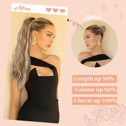 Vista 4 de Extensión de cola de caballo de 22 pulgadas y 24 pulgadas de largo, ondulado y lacio, extensiones de cabello sintético de aspecto natural