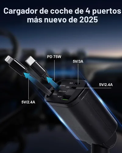 Vista 3 de Cargador de coche rápido 5 en 1 con puertos USB-A y USB-C, carga de alta velocidad de 75 W, cables retráctiles USB-C y Lightning, compatible