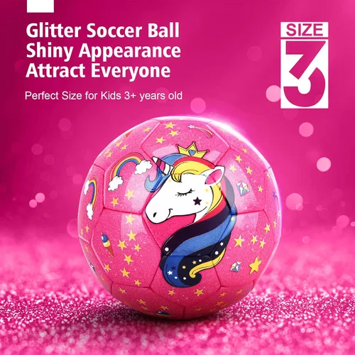 Vista 2 de JYPS Balón de fútbol de unicornio con purpurina, tamaño 3 para niños y principiantes de 3 a 8 años con bomba, bolsa, juguete suave y seguro