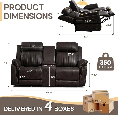 Vista 2 de Sofá biplaza reclinable eléctrico Zero Gravity con reposacabezas ajustables, sillón reclinable eléctrico con consola, sofá reclinable eléctrico de 2
