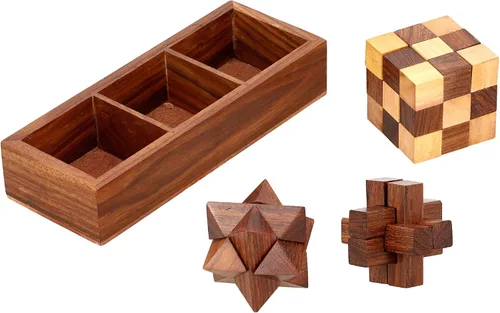Vista 8 de Ajuny Set de juegos de rompecabezas de madera 3 en 1 - Rompecabezas 3D para adolescentes y adultos - Rompecabezas desafiantes de cerebro 3D