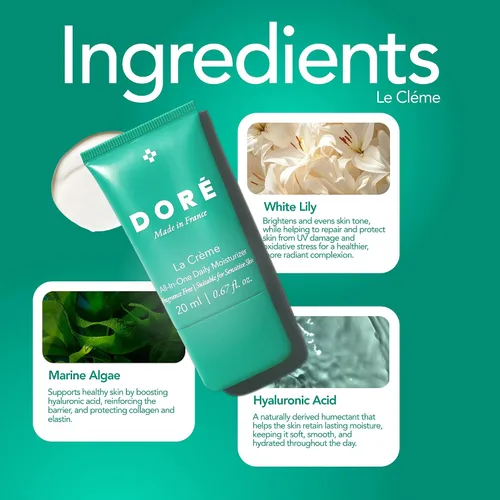 Vista 3 de Doré - Crema hidratante diaria todo en uno La Crème Sin fragancia, belleza limpia para pieles sensibles (Mini, 0.7 fl oz 0.7 fl oz)