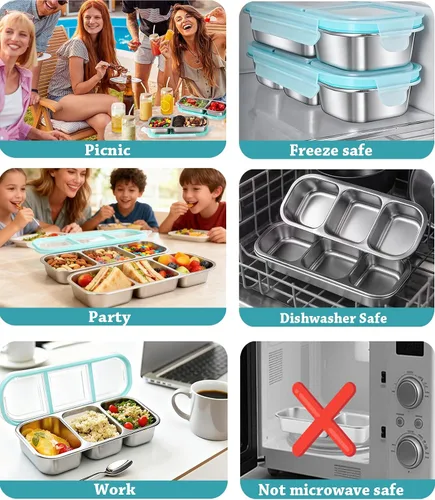 Vista 6 de Contenedores de almacenamiento de alimentos con tapa hermética, contenedores de aperitivos de acero inoxidable, caja de almuerzo de metal a prueba