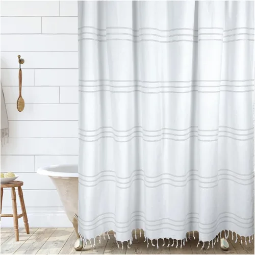 Vista 10 de HALL & PERRY Cortina de ducha moderna con borlas de estilo rústico, cortina de ducha de tela a rayas con borlas 100% algodón para decoración de baño