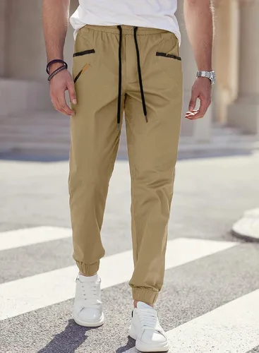 Vista 7 de JMIERR Pantalones deportivos de moda para hombre, pantalones cargo de sarga de algodón casuales con cordón