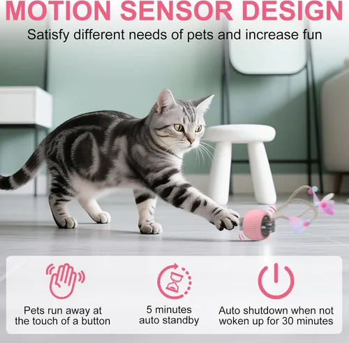 Vista 3 de Pelota interactiva para gatos, bolas rodantes inteligentes activas, juguetes automáticos para gatitos, con cola de malla elástica, recargable, bola