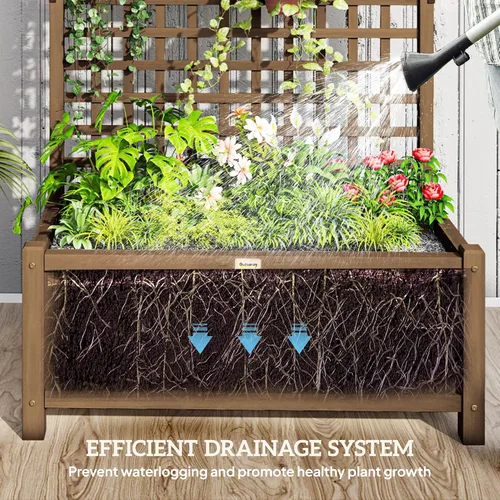 Vista 5 de Outsunny Maceta de Madera con Enrejado para Plantas Trepadoras, Cama Elevada, Caja de Maceta con Agujeros de Drenaje para Cultivar Verduras, Hierbas