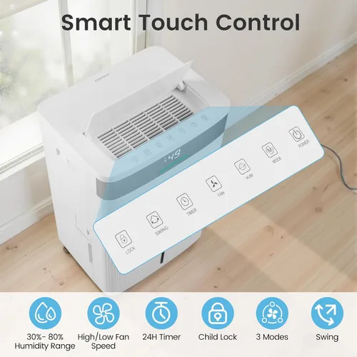 Vista 6 de COSTWAY Deshumidificador para sótano, deshumidificador para el hogar con mango conveniente, tanque de 1.4 galones, descongelación automática