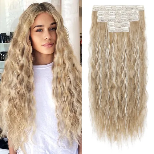 Vista 23 de REECHO Extensiones de cabello con clip, 5 piezas, de 24 pulgadas, de color rubio ceniza, extensiones de cabello con ondas largas y sueltas, HE002