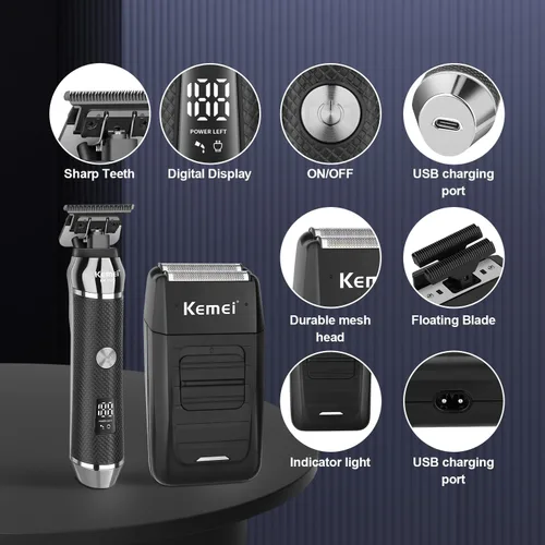 Vista 6 de KEMEI Recortadora de barba profesional para hombres, afeitadora eléctrica de aluminio y juego de aseo facial para hombres, recortadora de precisión