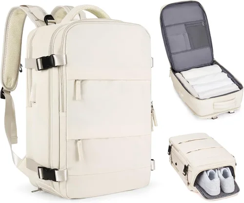 Vista 79 de Mochila de viaje grande, bolsa de mano, aprobada para aviones, para artículos personales, para hombre o mujer, color beige con marrón