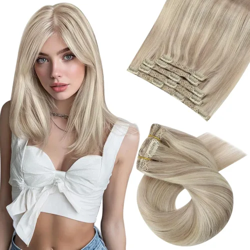 Vista 113 de Moresoo Extensiones de cabello humano con clip, balayage, color marrón oscuro a marrón dorado con clip, extensiones de cabello humano con clip, 5