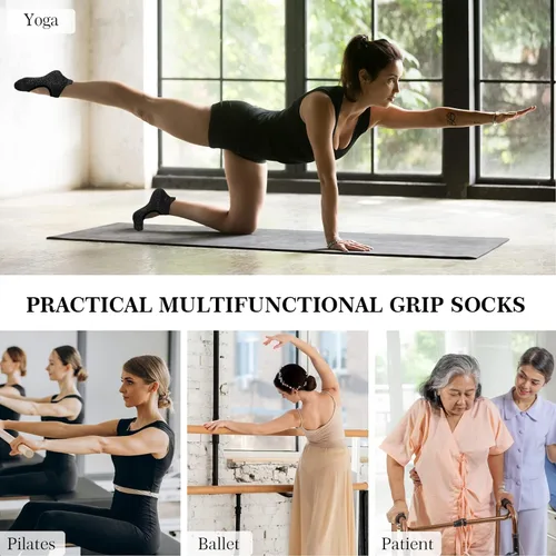 Vista 6 de Hellomamma Calcetines de yoga antideslizantes con agarres, calcetines de pilates y ballet para mujer