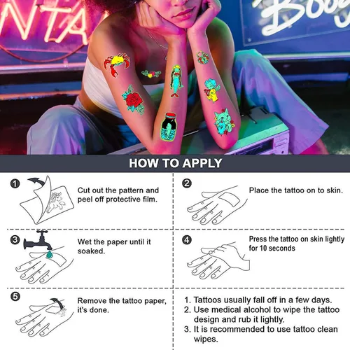 Vista 5 de Tatuajes que brillan en la oscuridad, 12 hojas de tatuajes de neón, tatuajes falsos, accesorio para festivales rave, tatuaje temporal para mujeres