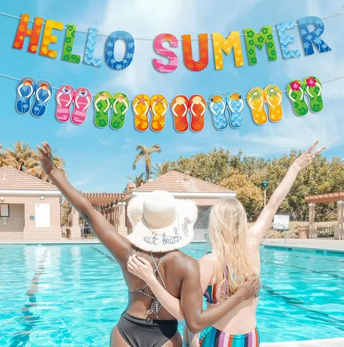 Vista 5 de Cartel de Hello Summer y colorido banner de verano hawaiano tropical playa piscina sandalias guirnalda banner verano vacaciones fiesta cumpleaños