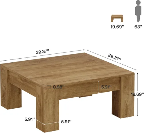 Vista 2 de Tribesigns Mesa auxiliar cuadrada de madera de 39 pulgadas con patas resistentes, mesa central rústica para sala de estar, fácil montaje, marrón