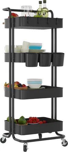 Vista 10 de Devo Carrito con ruedas de 4 niveles, carrito de almacenamiento resistente, con asa, 4 ganchos laterales, 2 tazas de almacenamiento y ruedas