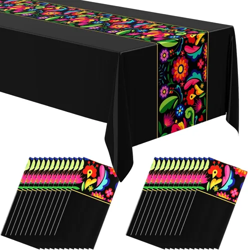 Vista 12 de Oudain 3 piezas de mantel de fiesta de 108 x 54 pulgadas, mantel de plástico mexicano impermeable, mantel desechable para noche de tacos, fiesta