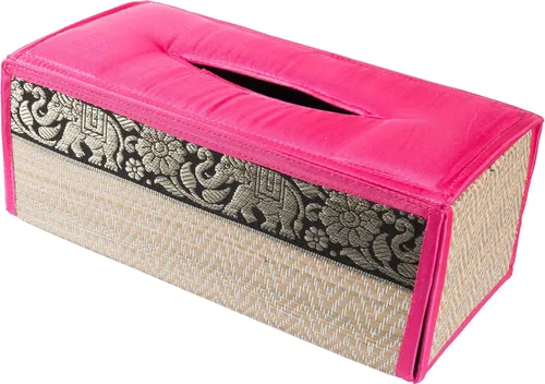 Vista 11 de Elegante estuche para caja de pañuelos hecho a mano con caña, 100% algodón, con funda de raso y dispensador, fabricado con materiales naturales B