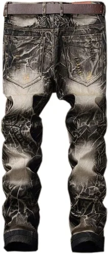 Vista 2 de utcoco Jeans clásicos de mezclilla para hombre, corte ajustado, cintura media, pierna recta, rasgados, desgastados, con parches de mezclilla clásicos