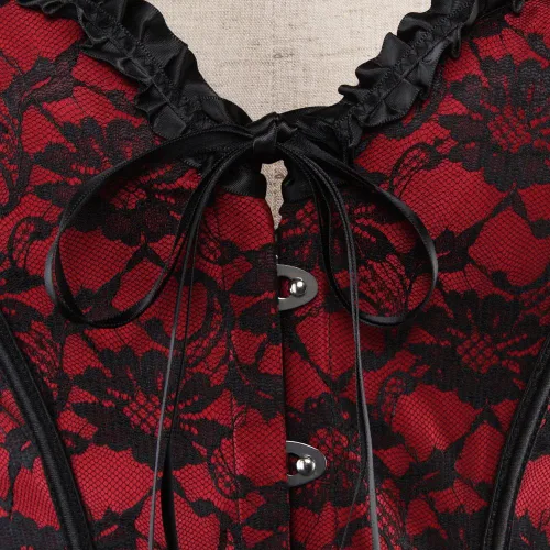 Vista 4 de Corsé de encaje negro con adornos florales, cintas en la cintura y ajuste sobre el busto