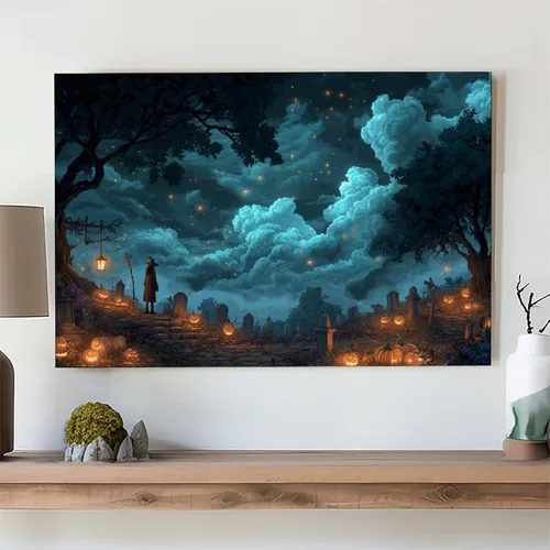 Vista 6 de JDBeehpy Spooky Halloween Cemetery Scene Wall Art Jack - O' - Lanterns Poster Mysterious Night Sky Frame Canvas Print PaintingCreepy Decor Mural